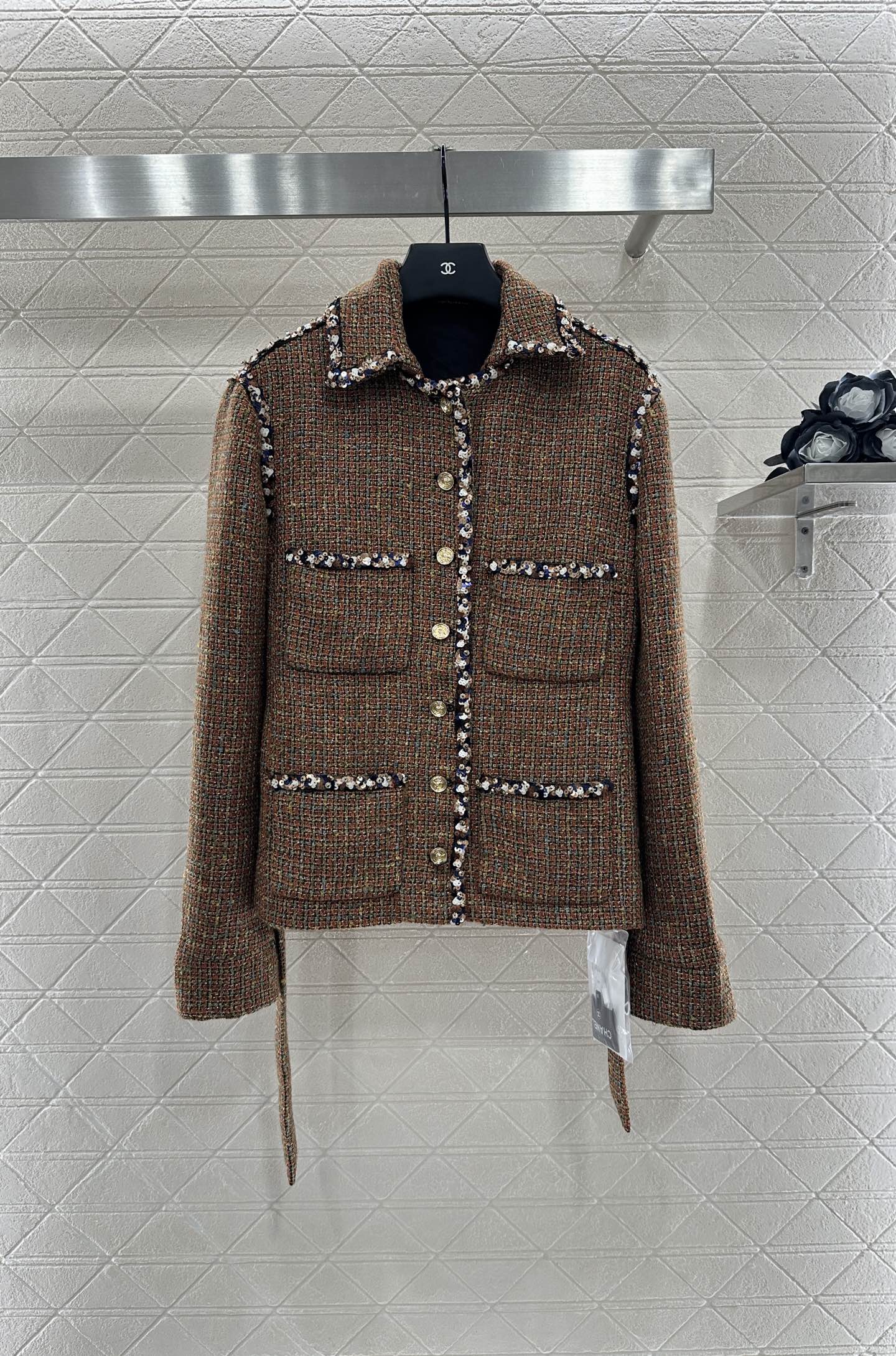 Lapel and belted dress jacket with beaded hem