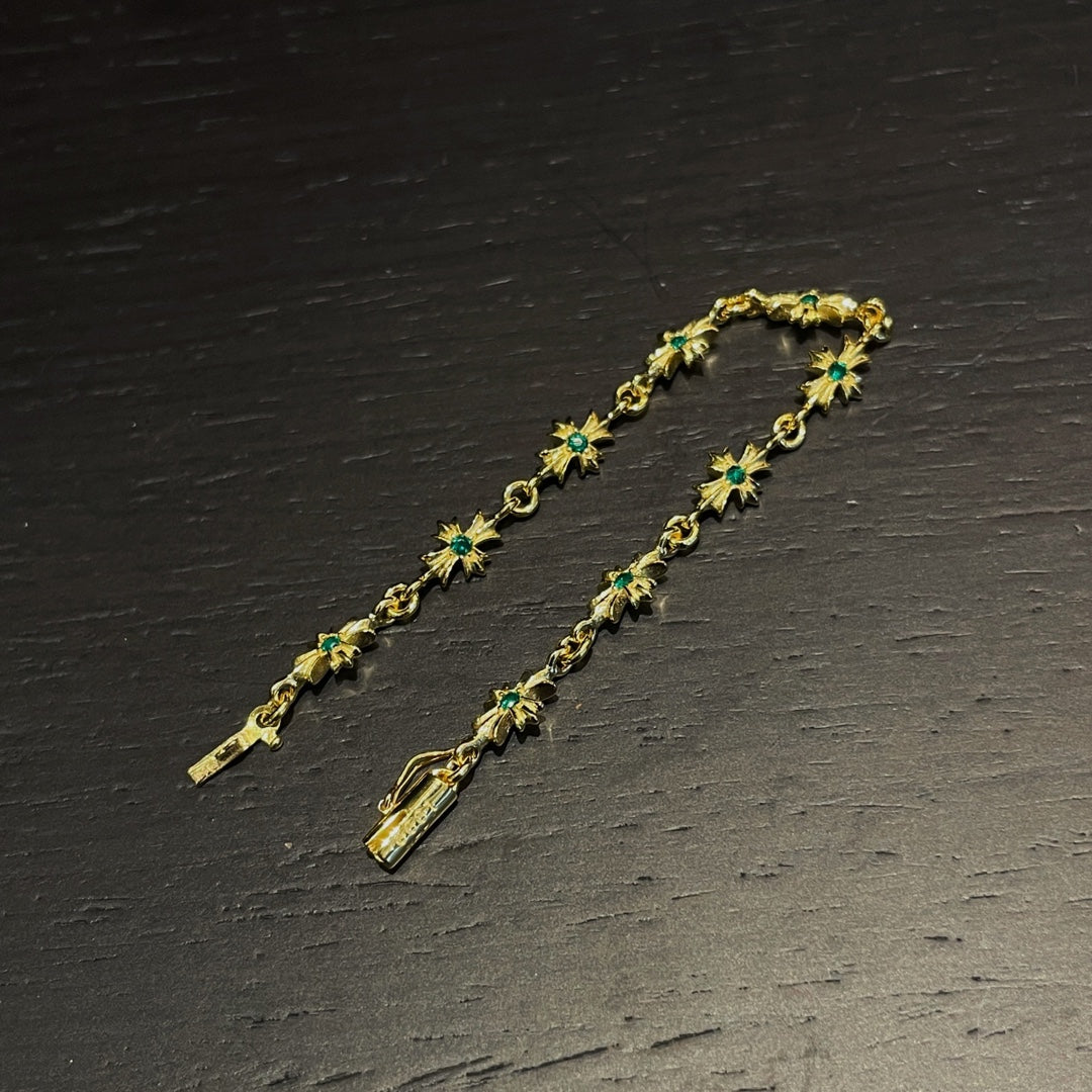 Gold-plated green diamond cross bracelet