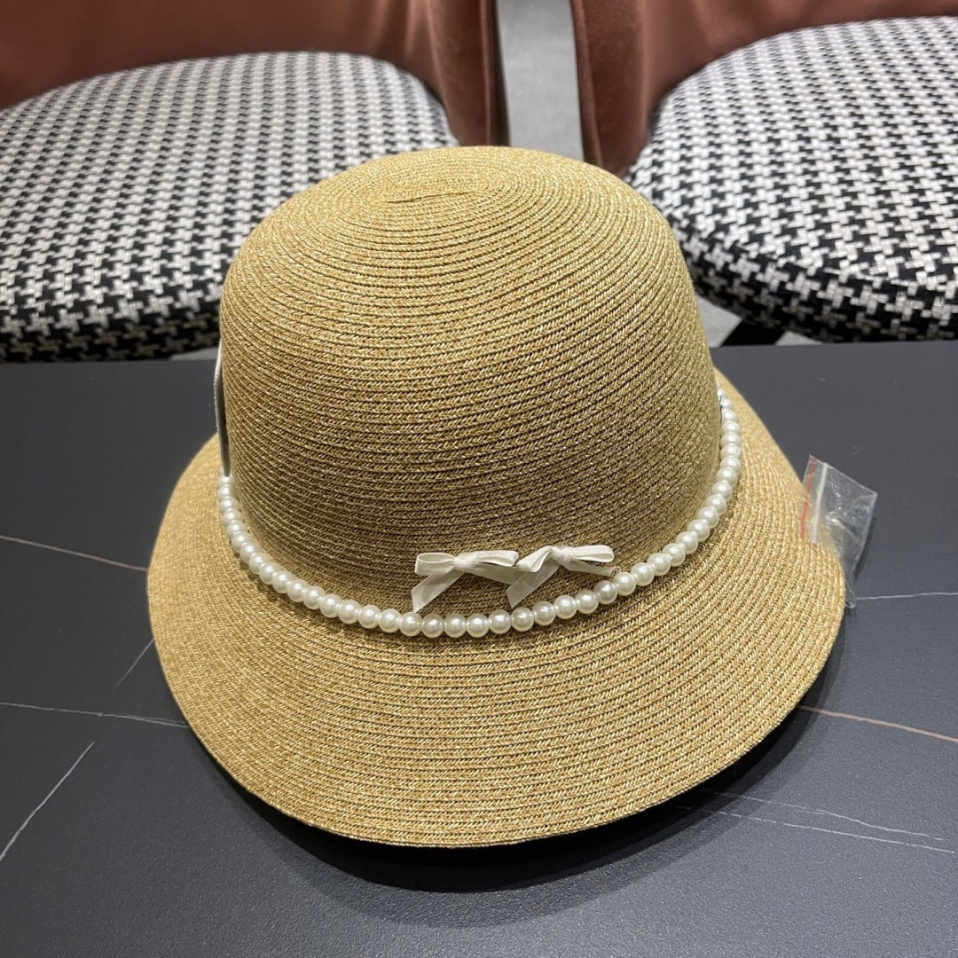 Straw Pearl Bow Beach Hat Women's Vacation Sun Hat