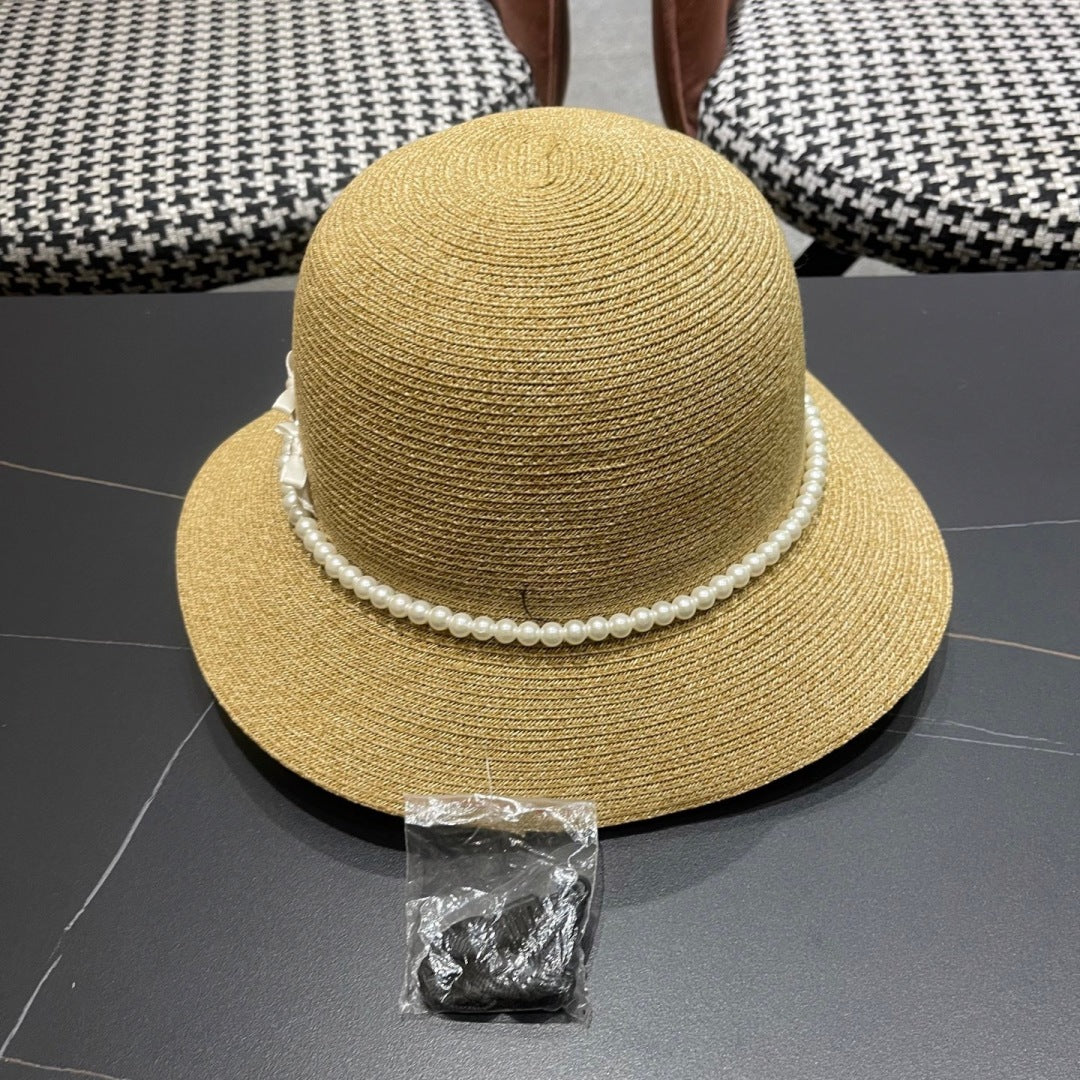 Straw Pearl Bow Beach Hat Women's Vacation Sun Hat