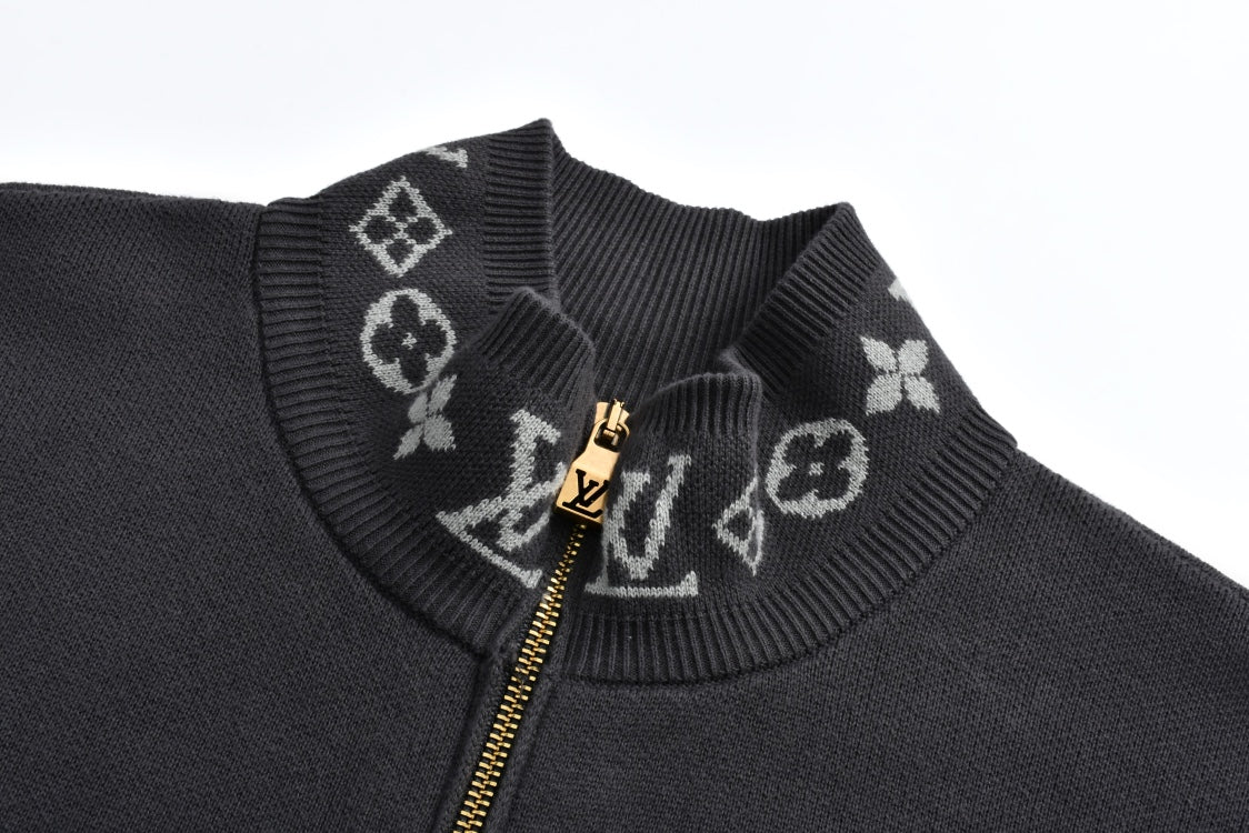 25 Jacquard ribbed stand-up collar zippered wool jacket