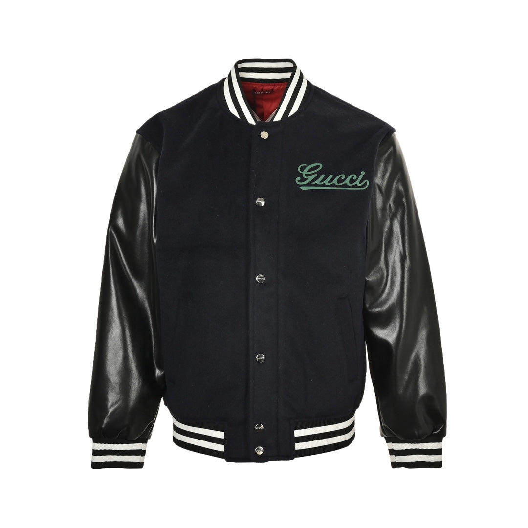 Cursive lettering patchwork leather sleeves patchwork thin cotton wool baseball jacket