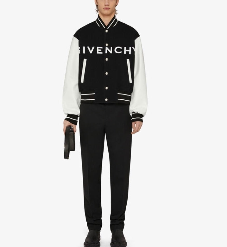 Embroidered lettering leather sleeve patchwork baseball jersey