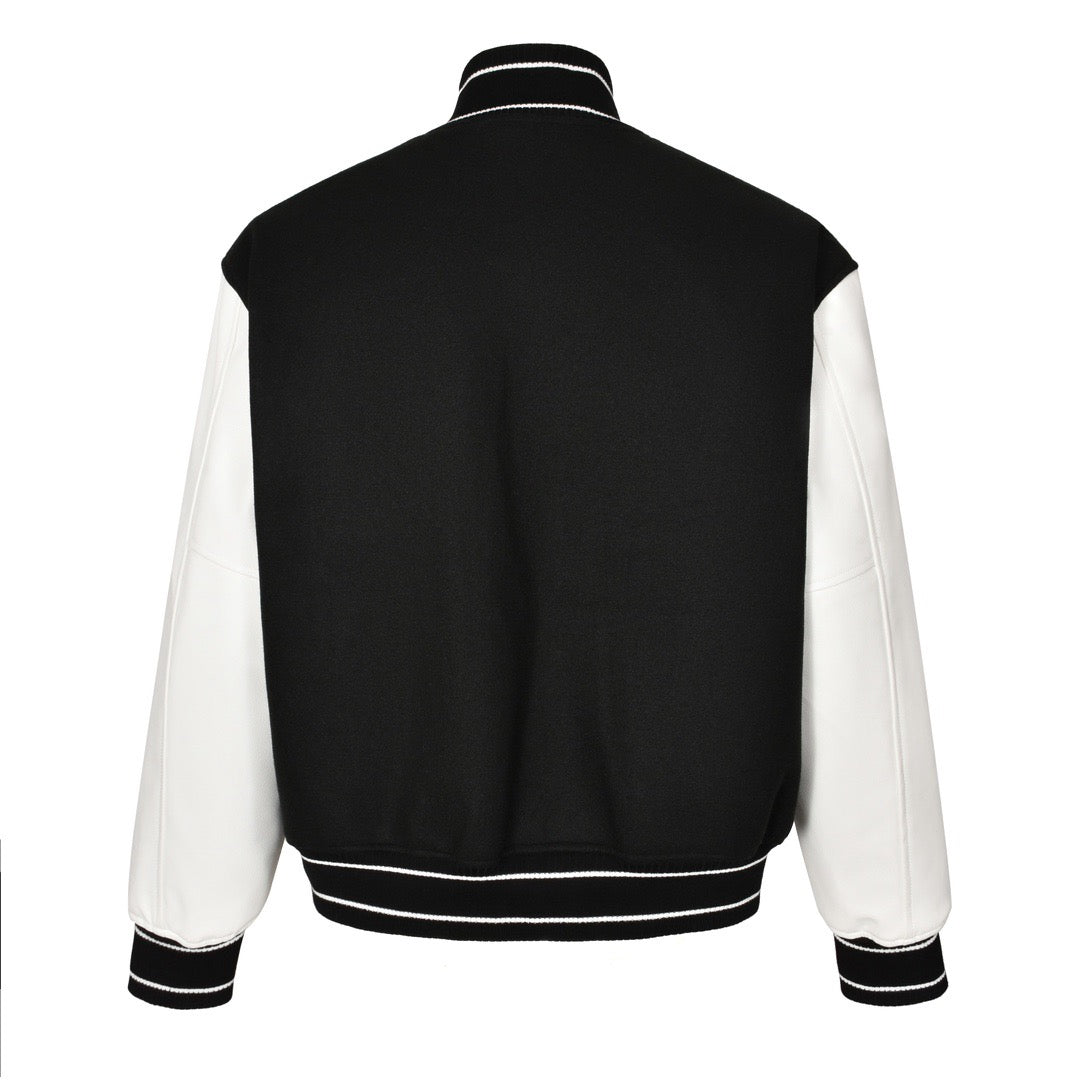 Embroidered lettering leather sleeve patchwork baseball jersey