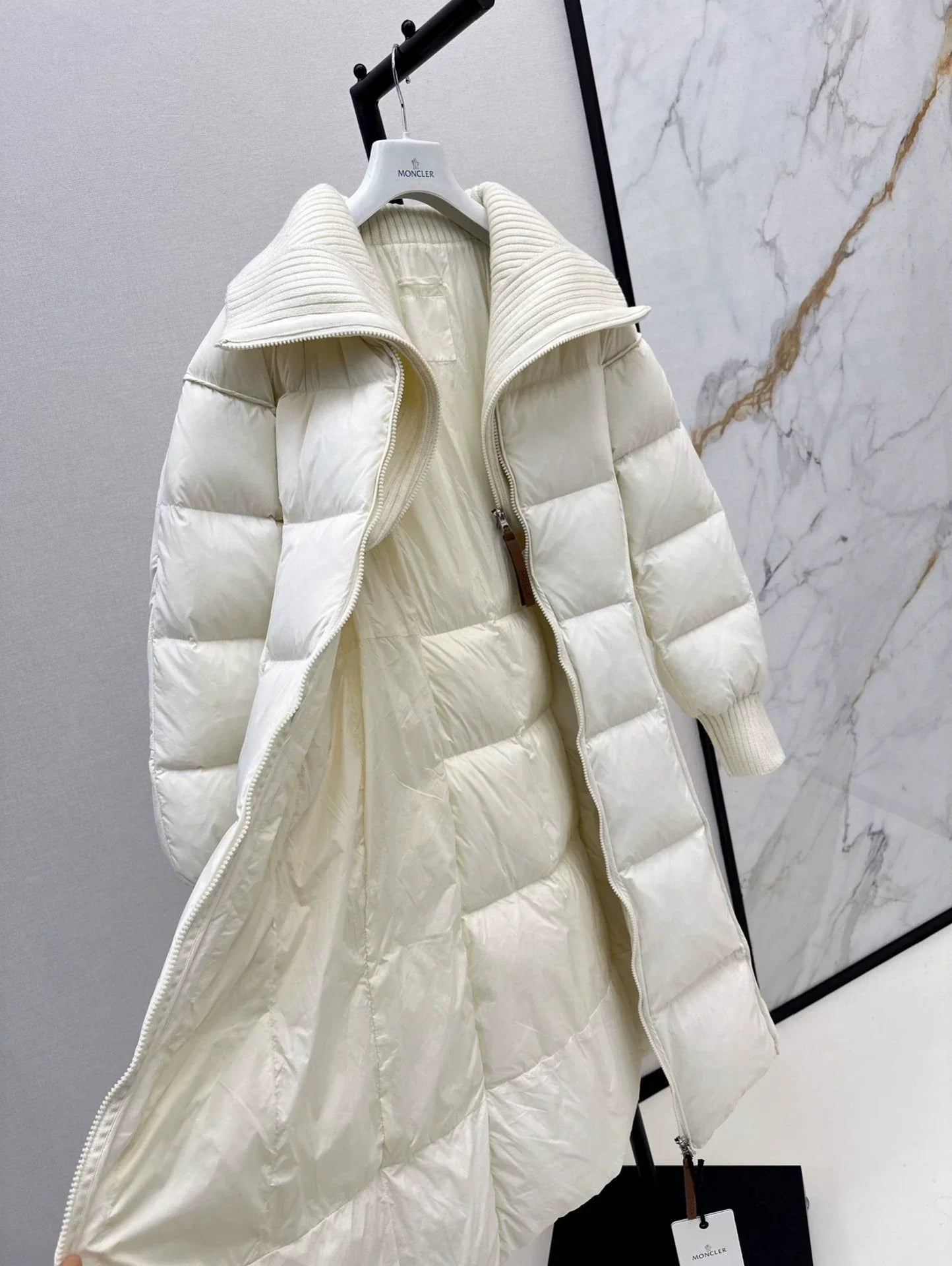 25 Knitted splicing large lapel umbrella shaped long down jacket