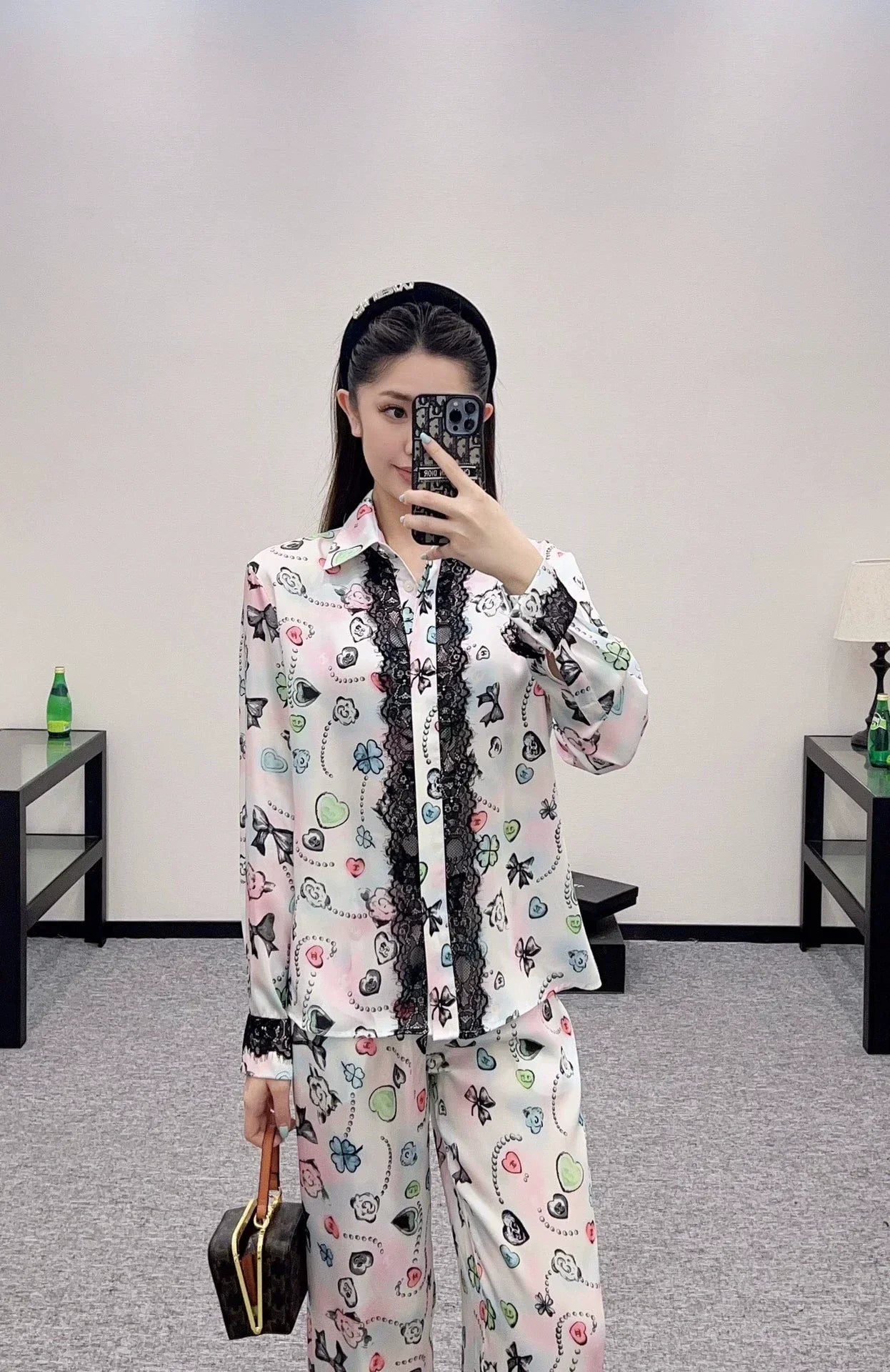 C 25 Reactive Print Lace Shirt and Pant Set