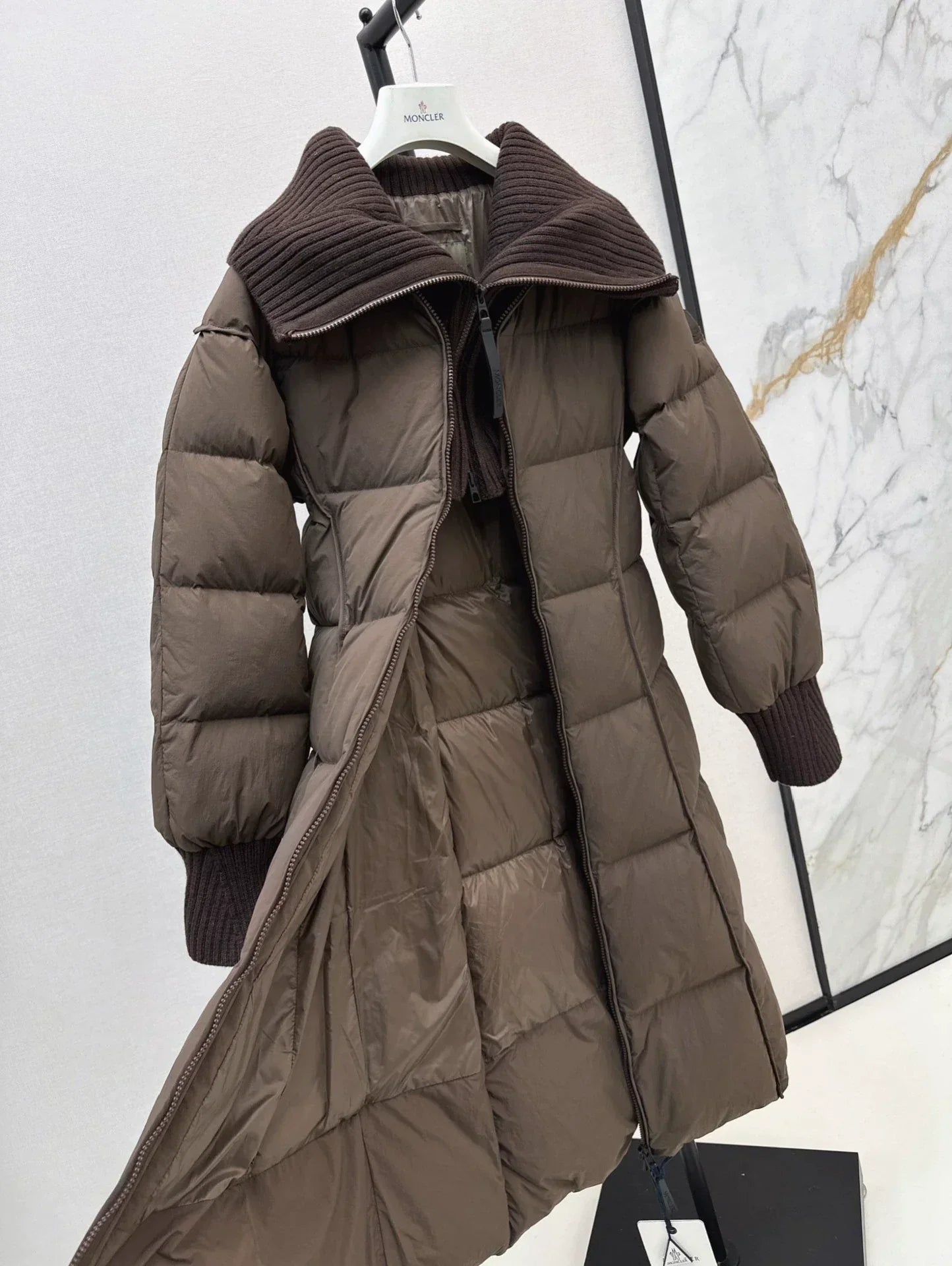 25 Knitted splicing large lapel umbrella shaped long down jacket
