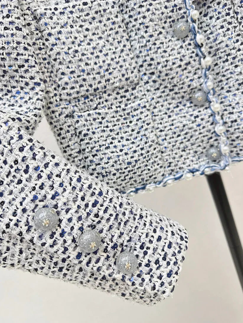 Pearl-Embellished Cropped Tweed Jacket