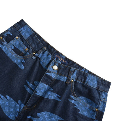 25ss blue sky and white cloud printed denim shorts