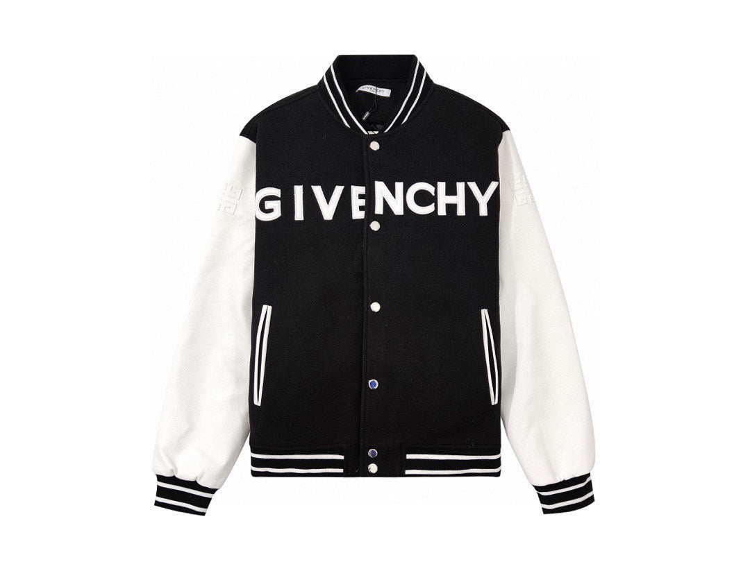 25fw White pebbled leather sleeve baseball jacket