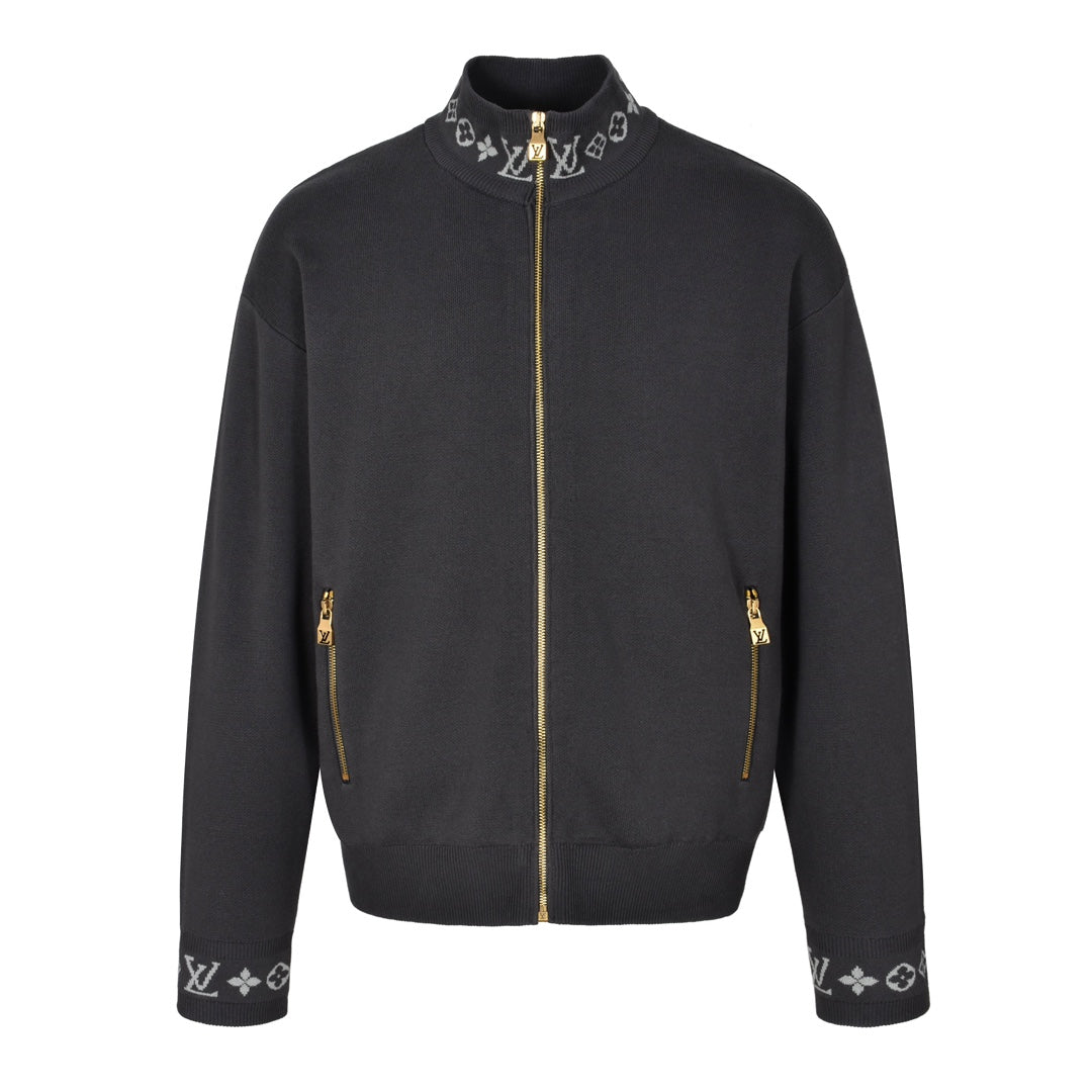 25 Jacquard ribbed stand-up collar zippered wool jacket