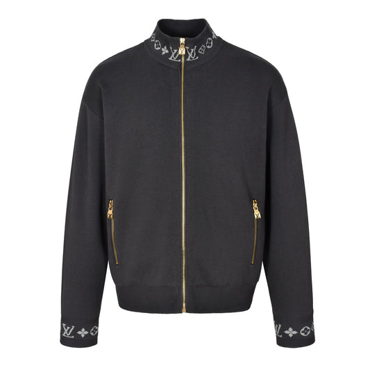 25 Jacquard ribbed stand-up collar zippered wool jacket