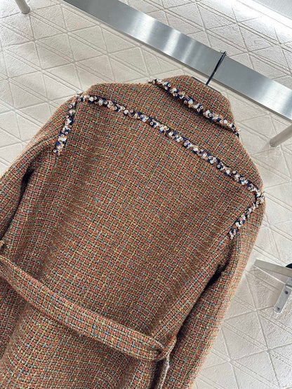 Lapel and belted dress jacket with beaded hem
