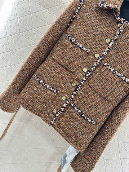 Lapel and belted dress jacket with beaded hem