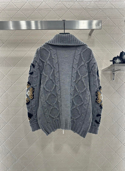 25fw Zipper hook flower knitted cardigan