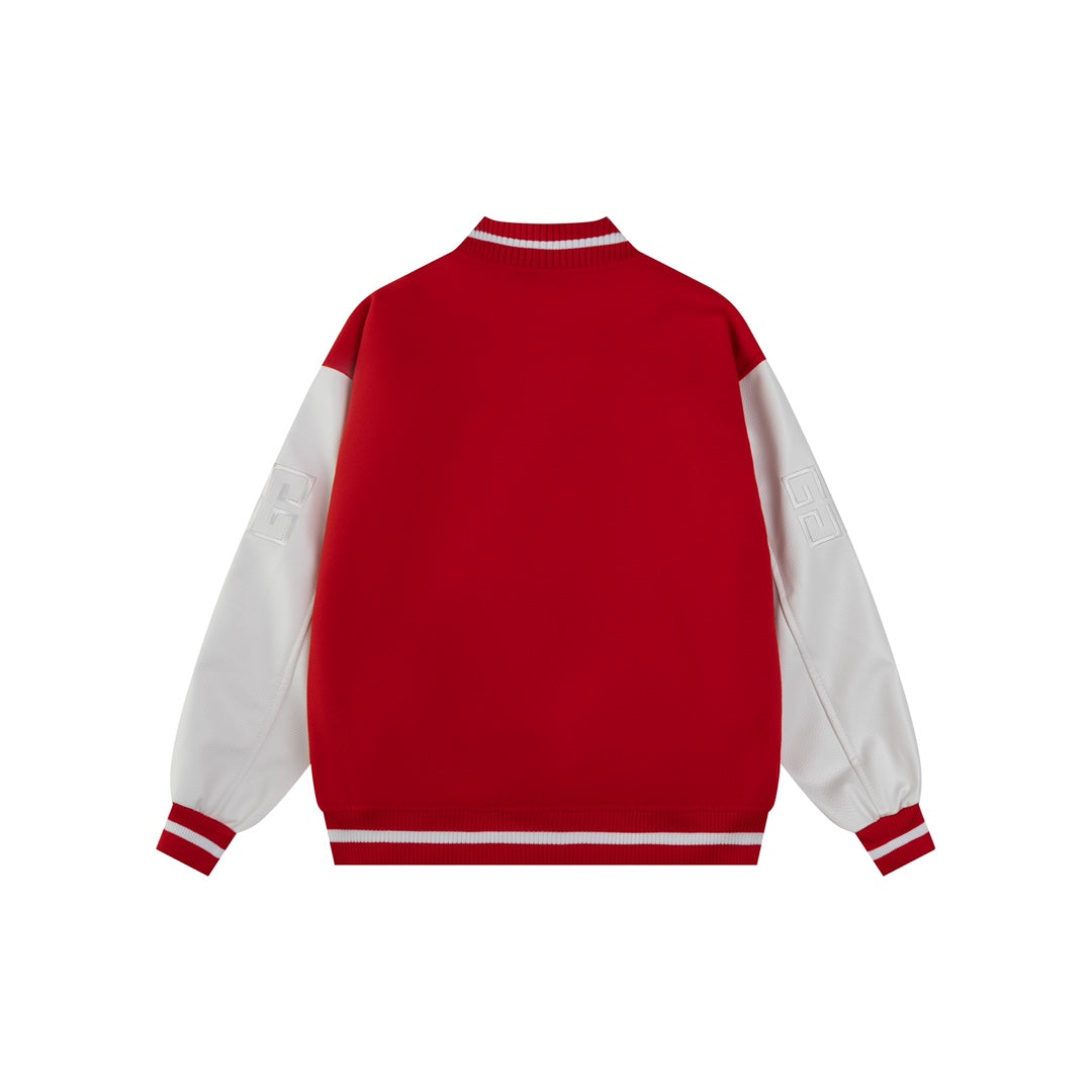 25fw White pebbled leather sleeve baseball jacket