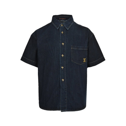 25ss rope signature letter embroidered denim short sleeved shirt