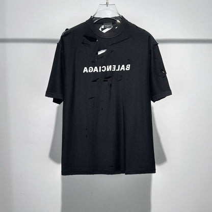 Summer new fashion knife cuts holes in cotton round neck short tee,