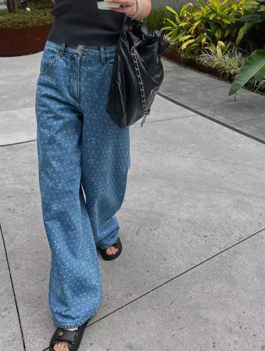 25ss popular polka dot laser burnt pattern heavy craft straight jeans