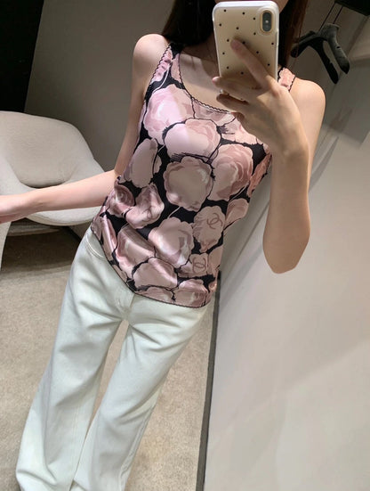 25ss spring and summer new second-hand series black and pink camellia vest