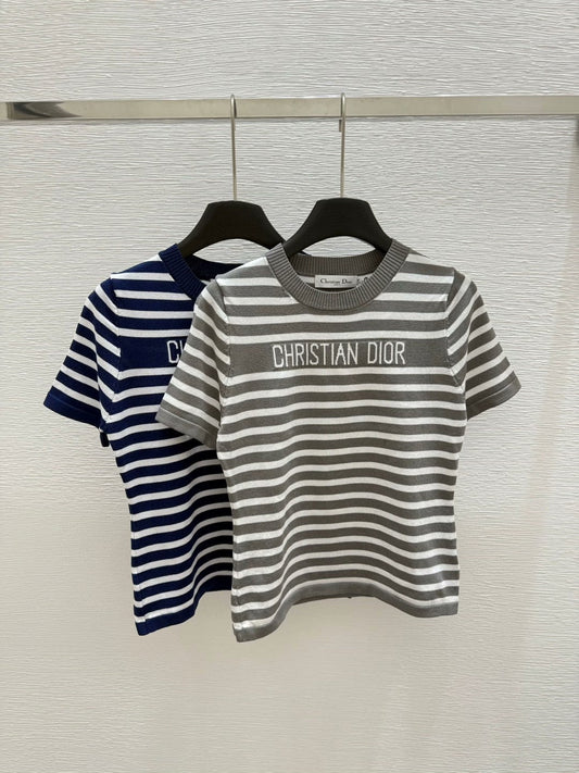 25 Summer striped knitted round neck short sleeves