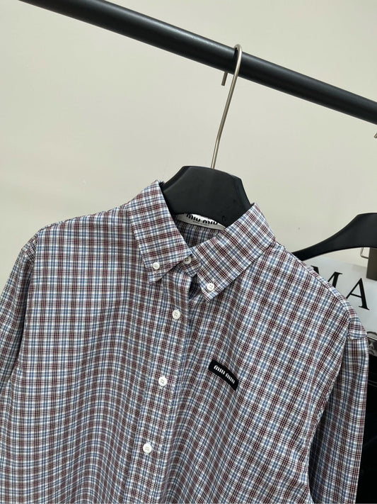 25 Retro dark red fine check long-sleeved shirt