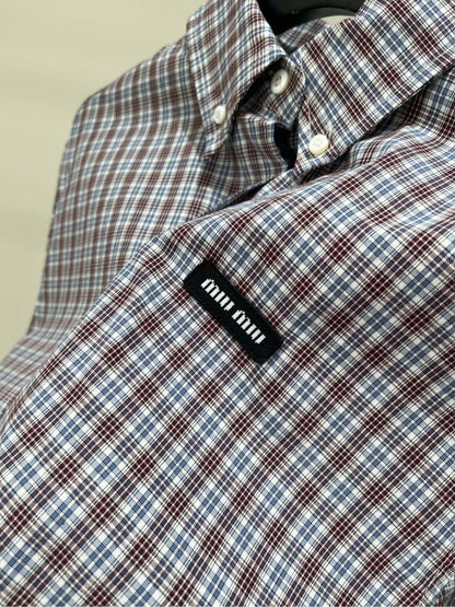 25 Retro dark red fine check long-sleeved shirt