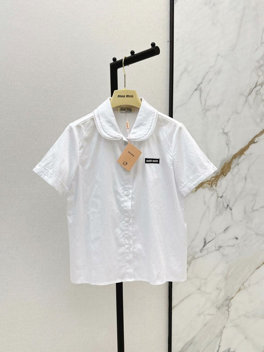 25 Slim-fit College Style Thin Lace Lapel Cardigan Short Sleeve Shirt