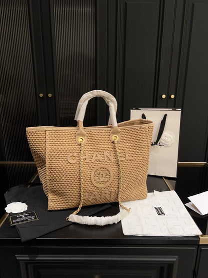 25 Deauville Tote Bag 34cm Beige Crochet Suede