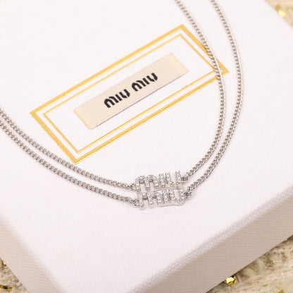 Double-layer necklace with full diamond letters