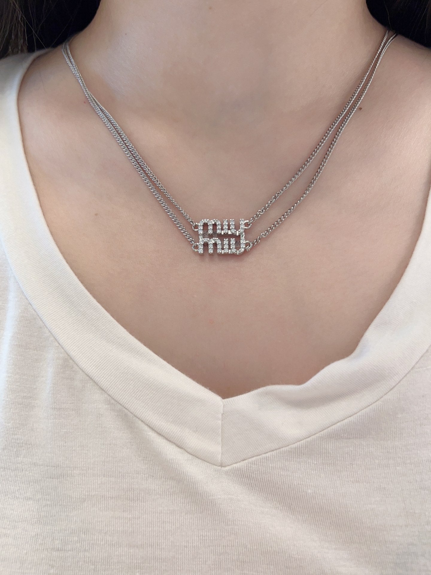 Double-layer necklace with full diamond letters