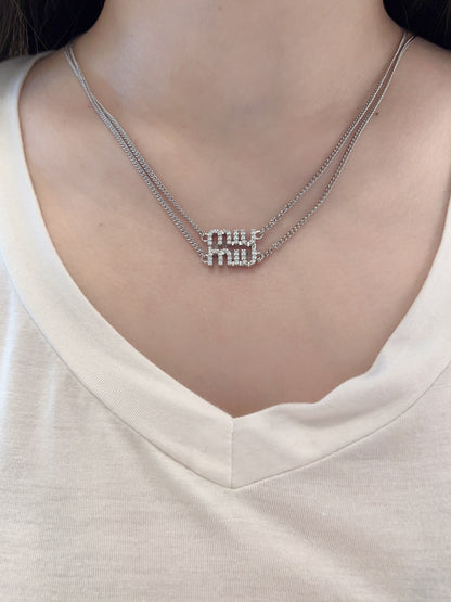 Double-layer necklace with full diamond letters