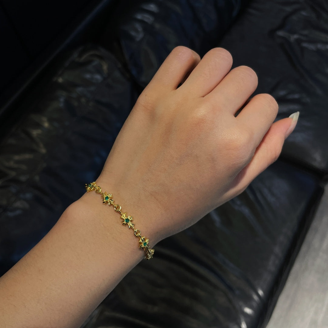 Gold-plated green diamond cross bracelet