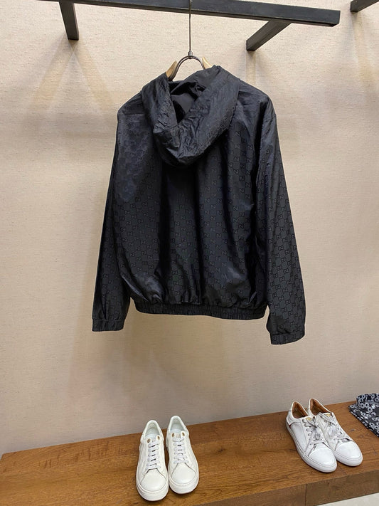 Nylon hooded zipped jacquard jacket