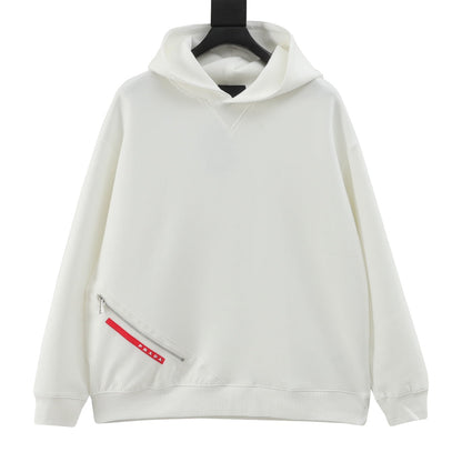 Red stripe zipper pocket hooded sweatshirt