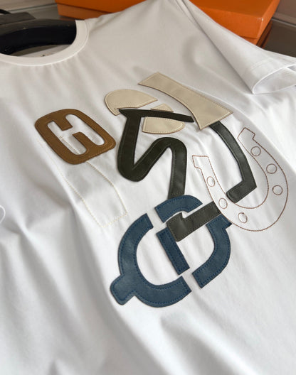2025 Spring and Summer Leather Embroidery Round Neck Short Sleeve T-shirt
