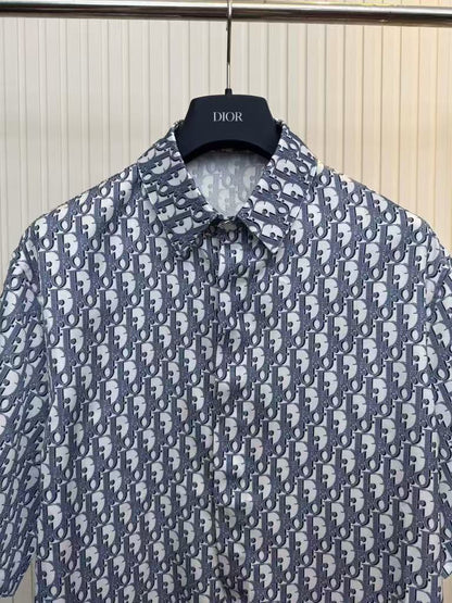 25ss new white and blue diagonal fabric Oblique printed short sleeved shirt