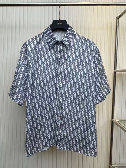 25ss new white and blue diagonal fabric Oblique printed short sleeved shirt