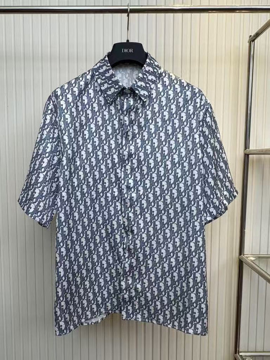 25ss new white and blue diagonal fabric Oblique printed short sleeved shirt