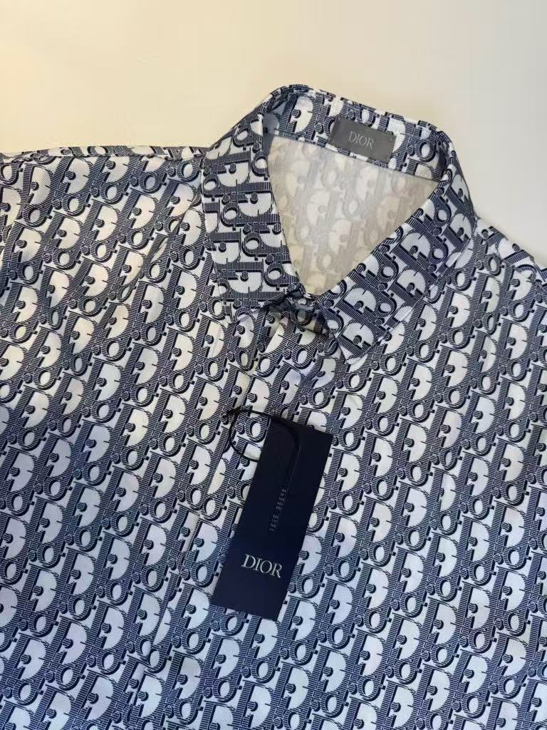 25ss new white and blue diagonal fabric Oblique printed short sleeved shirt