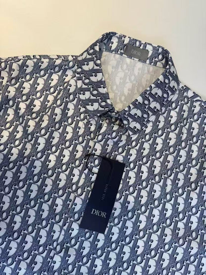 25ss new white and blue diagonal fabric Oblique printed short sleeved shirt