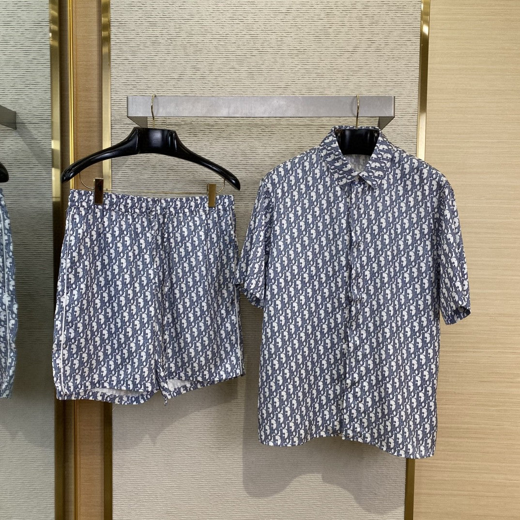 25ss new white and blue diagonal fabric Oblique printed short sleeved shirt