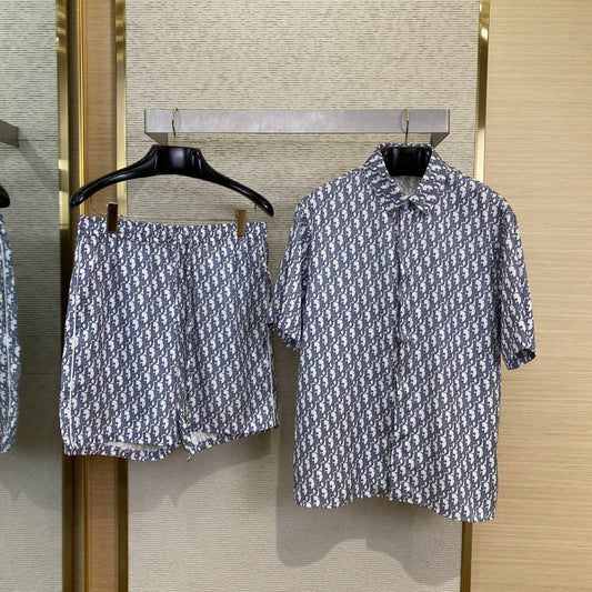 25ss new white and blue diagonal fabric Oblique printed short sleeved shirt