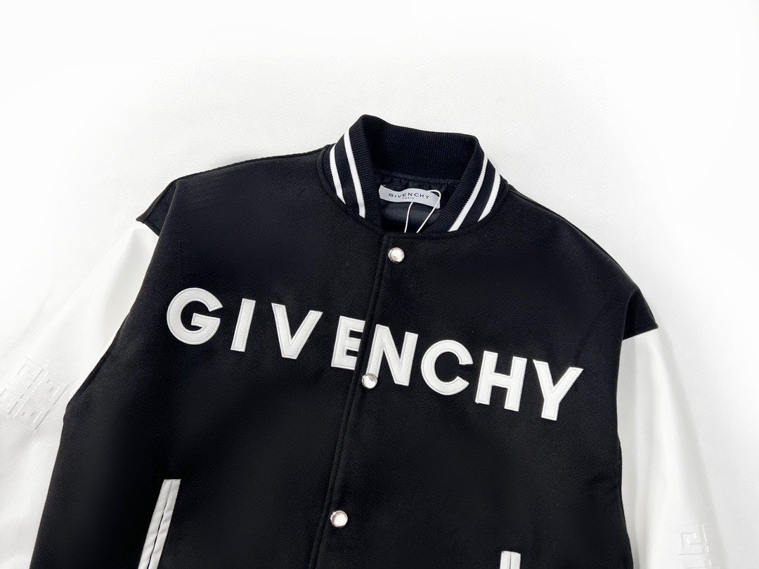 25fw White pebbled leather sleeve baseball jacket