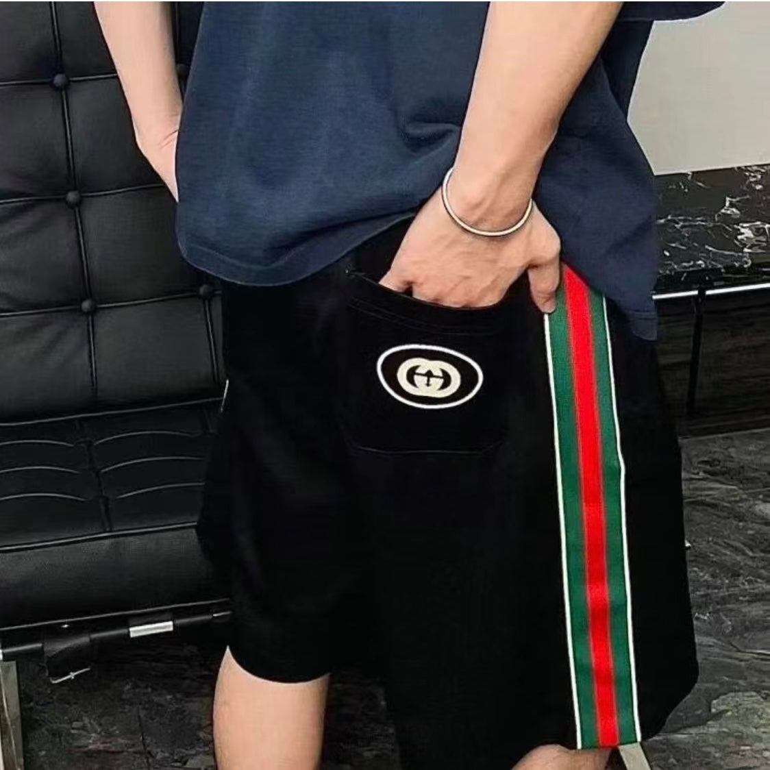 25SS Classic red and green webbing pockets Double G embossed shorts