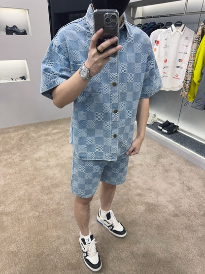 25ss checkerboard jacquard denim short sleeved shirt
