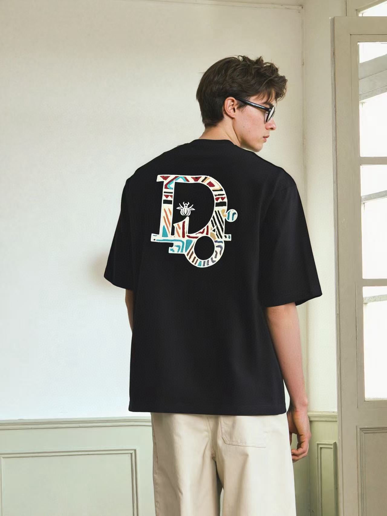25ss Flower painted embroidered letter short sleeved shirt