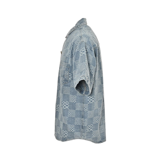 25ss checkerboard jacquard denim short sleeved shirt
