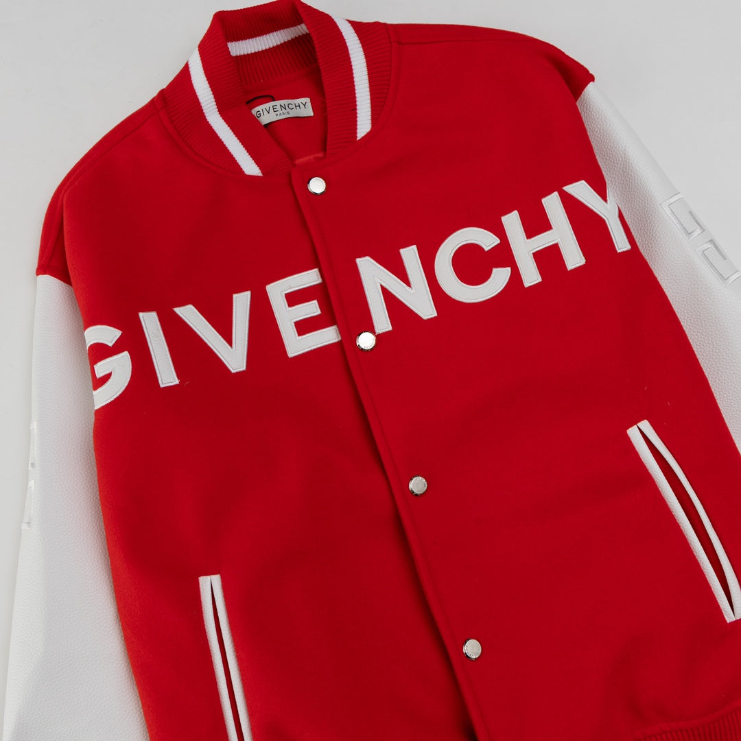 25fw White pebbled leather sleeve baseball jacket
