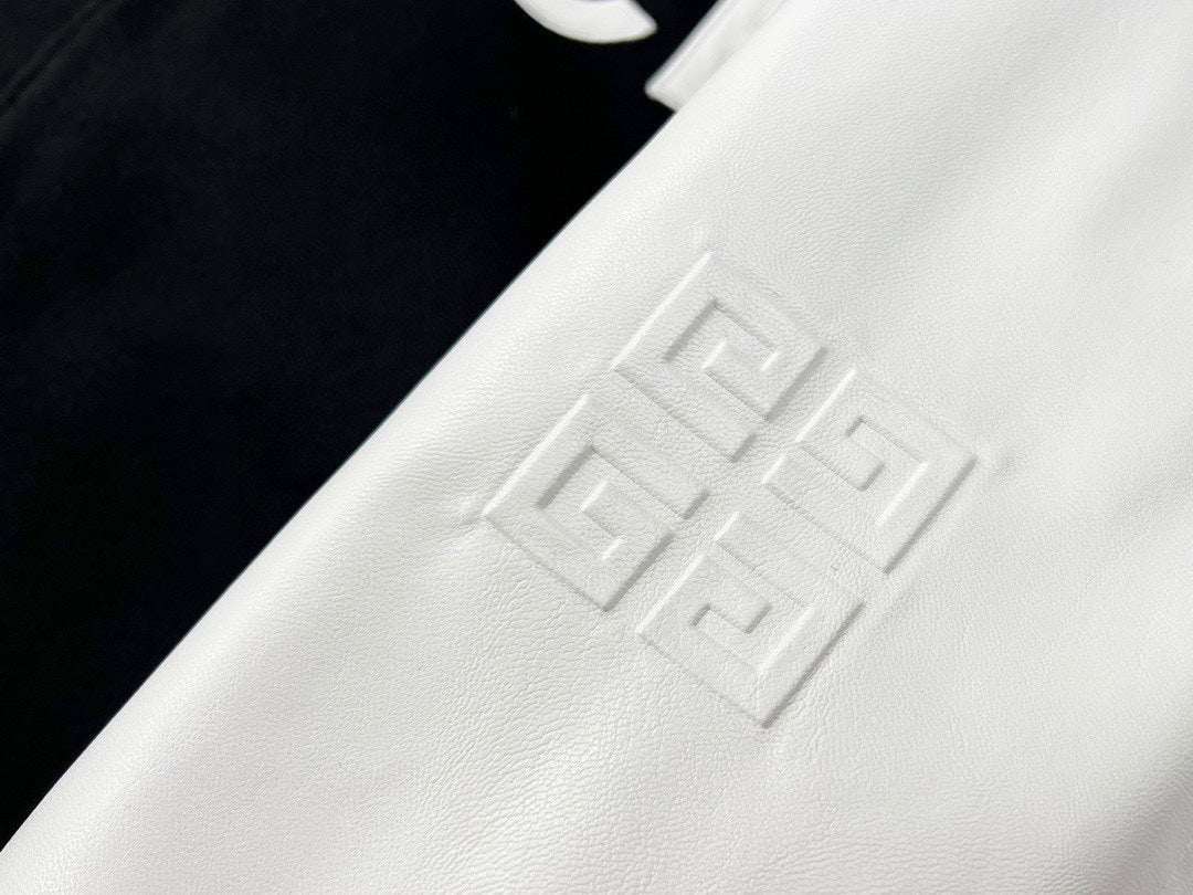 25fw White pebbled leather sleeve baseball jacket